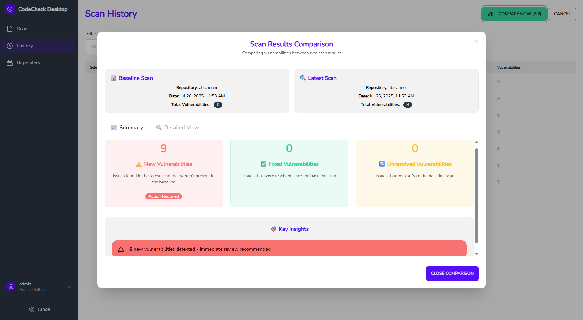 Scan comparison dashboard showing fixed vulnerabilities, new issues, and unresolved problems with trend analysis