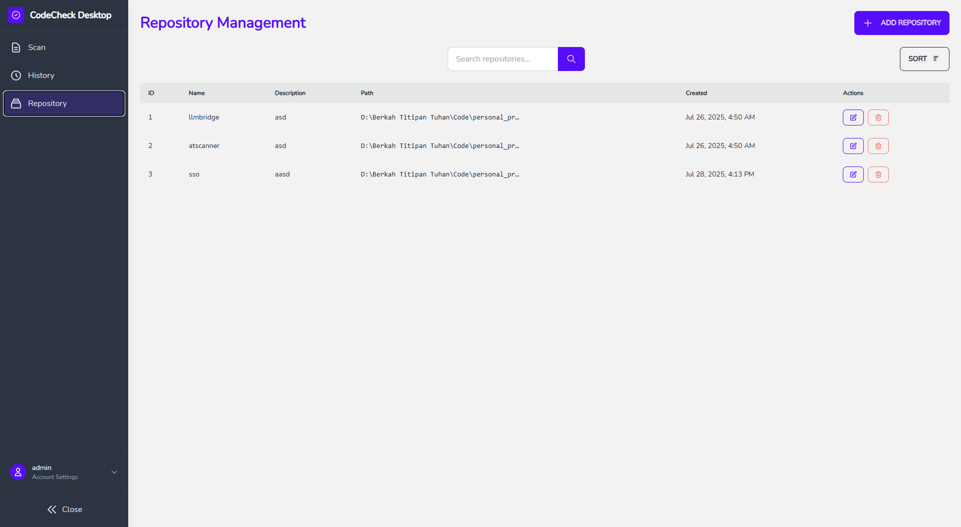 Modern repository management interface showing project list with search, filter, and CRUD operations