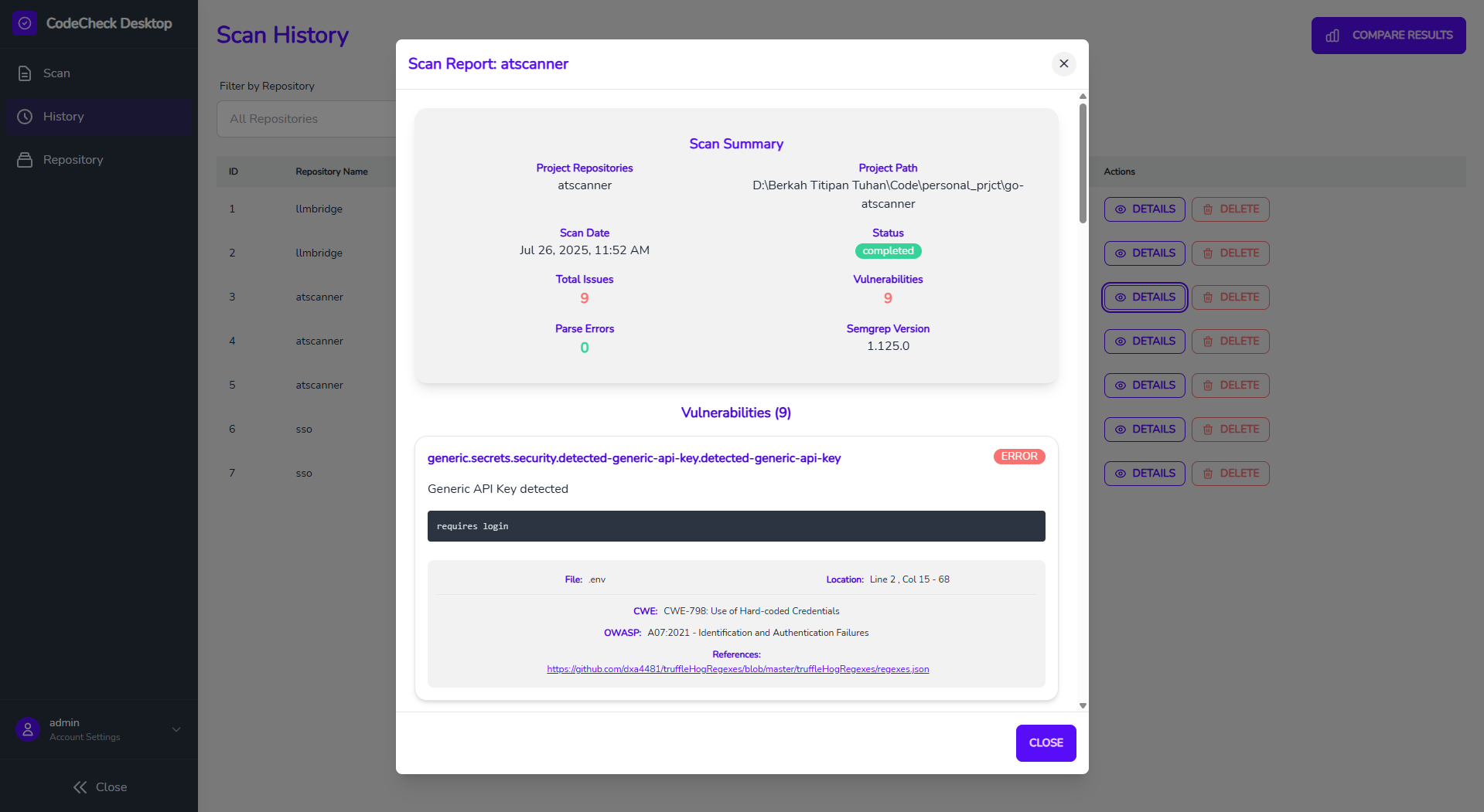 Detailed vulnerability scan results showing security issues with severity levels, file locations, and code snippets
